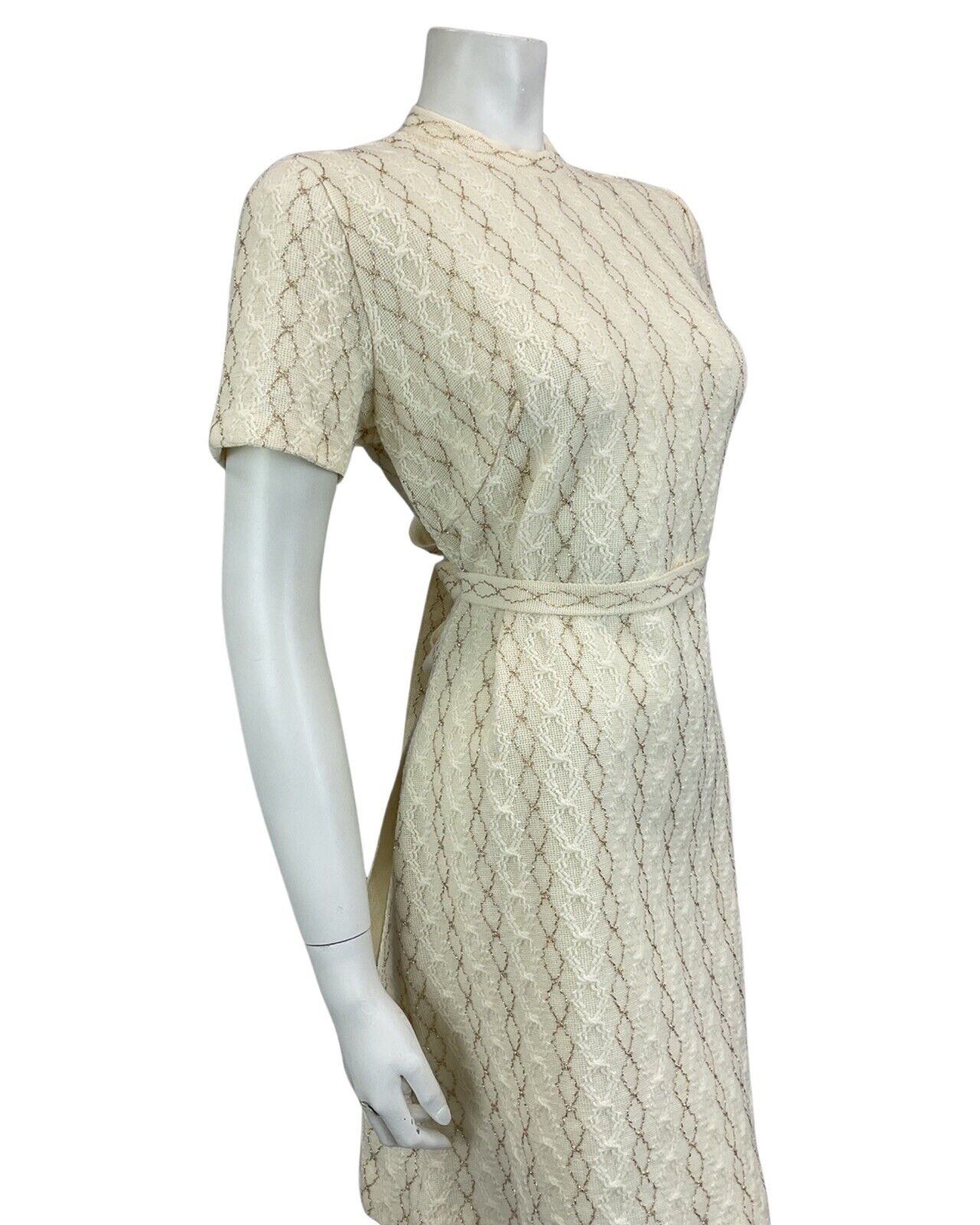 VINTAGE 60s 70s CREAM GOLD TEXTURED MOD MINI PARTY CHRISTMAS EVENING DRESS 14