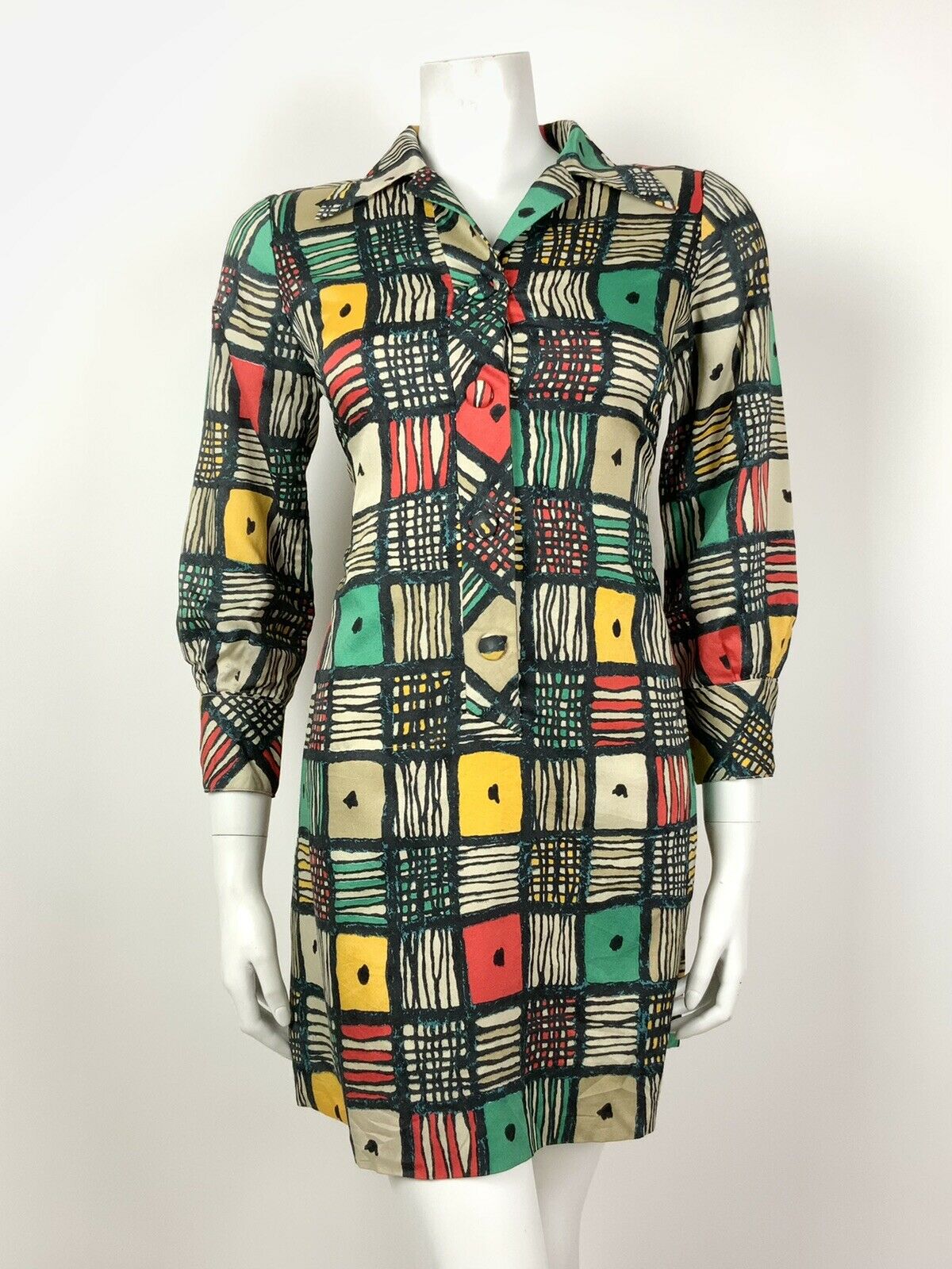 VTG 60s 70s WHITE RED GREEN GEOMETRIC CHECK ABSTRACT DAGGER COLLAR DRESS 8 10