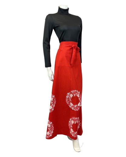 VINTAGE 60s 70s RED WHITE PINK FLORAL WREATH BOHO WRAP MAXI SKIRT 10 12