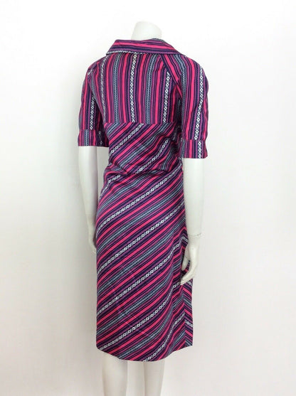 VINTAGE 60s 70s STRIPED CIRCLE GEOMETRIC SHIRT DRESS PINK BLUE WHITE 14