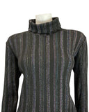 VINTAGE 60s 70s BLACK IRIDESCENT STRIPED ROLL-NECK TURTLENECK KNIT TOP 12 14