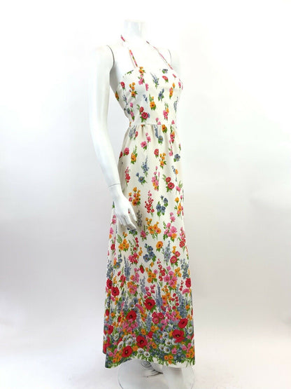 VINTAGE 60s 70s WHITE PINK BLUE ORANGE FLORAL POPPY GARDEN HALTER MAXI DRESS 4 6