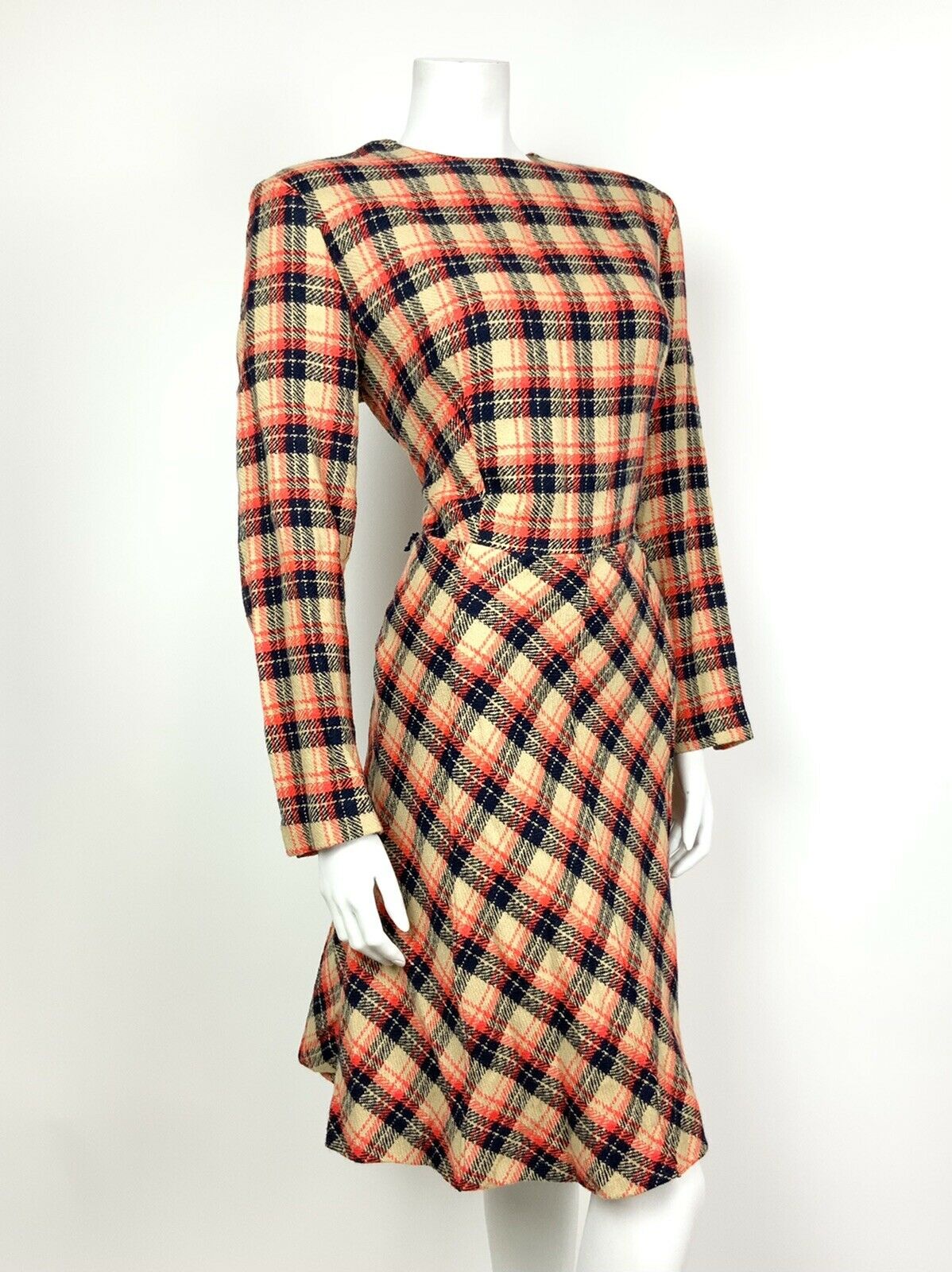 VINTAGE 60s 70s BEIGE BLUE RED PLAID TARTAN SWING FLARED MOD DRESS 14 16