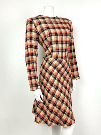 VINTAGE 60s 70s BEIGE BLUE RED PLAID TARTAN SWING FLARED MOD DRESS 14 16