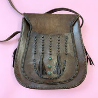 VINTAGE 60s 70s DARK BROWN JADE TASSLED BOHO FOLK MOD SHOULDER BAG