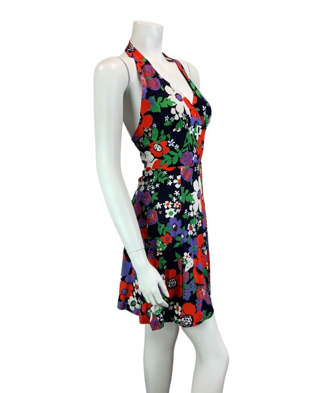 VINTAGE 60s 70s NAVY BLUE RED PUPRLE GREEN HALTER NECK MINI DRESS 6