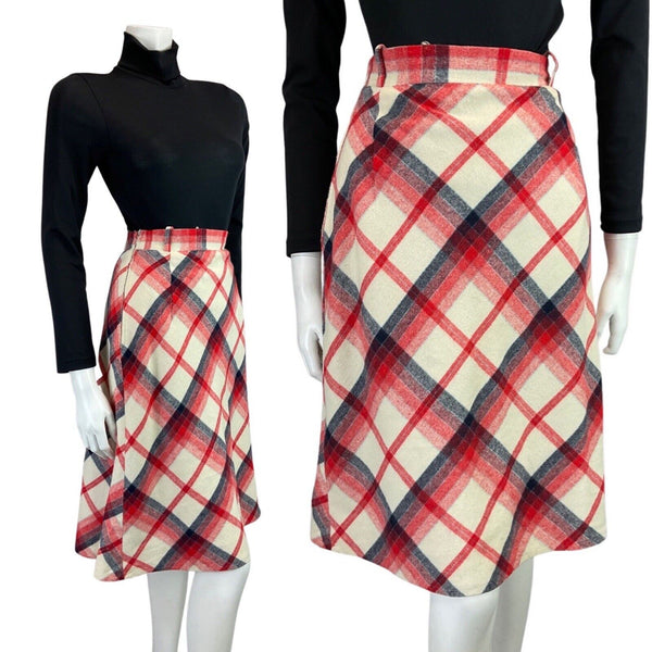VINTAGE 60s 70s WHITE BLUE RED PLAID CHECKED WOOL KNEE-LENGTH SKIRT 8