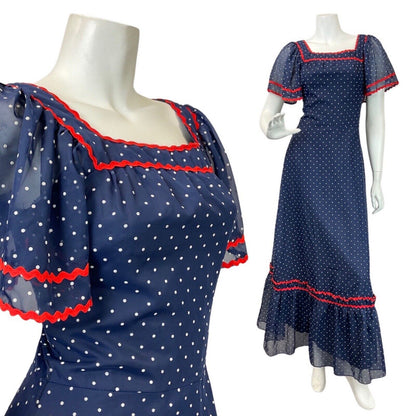 VINTAGE 60s 70s NAVY BLUE WHITE POLKA-DOT RIC-RAC MOD SHEER RUFFLED MAXI DRESS 8