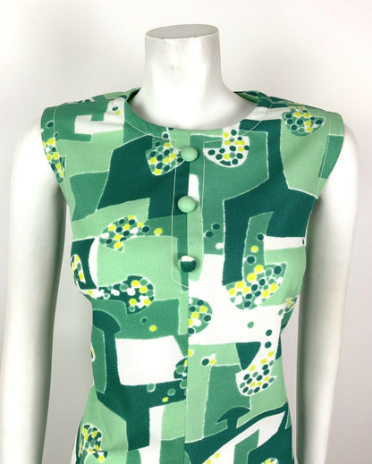 VINTAGE 60s 70s GREEN LIME MINT WHITE GEOMETRIC DOTTY MOD SHIFT DRESS 14 16