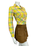 VTG 60s 70s YELLOW RED BLUE CHECKED WESTERN DAGGAR COLLAR CROPPED SHIRT 10 12