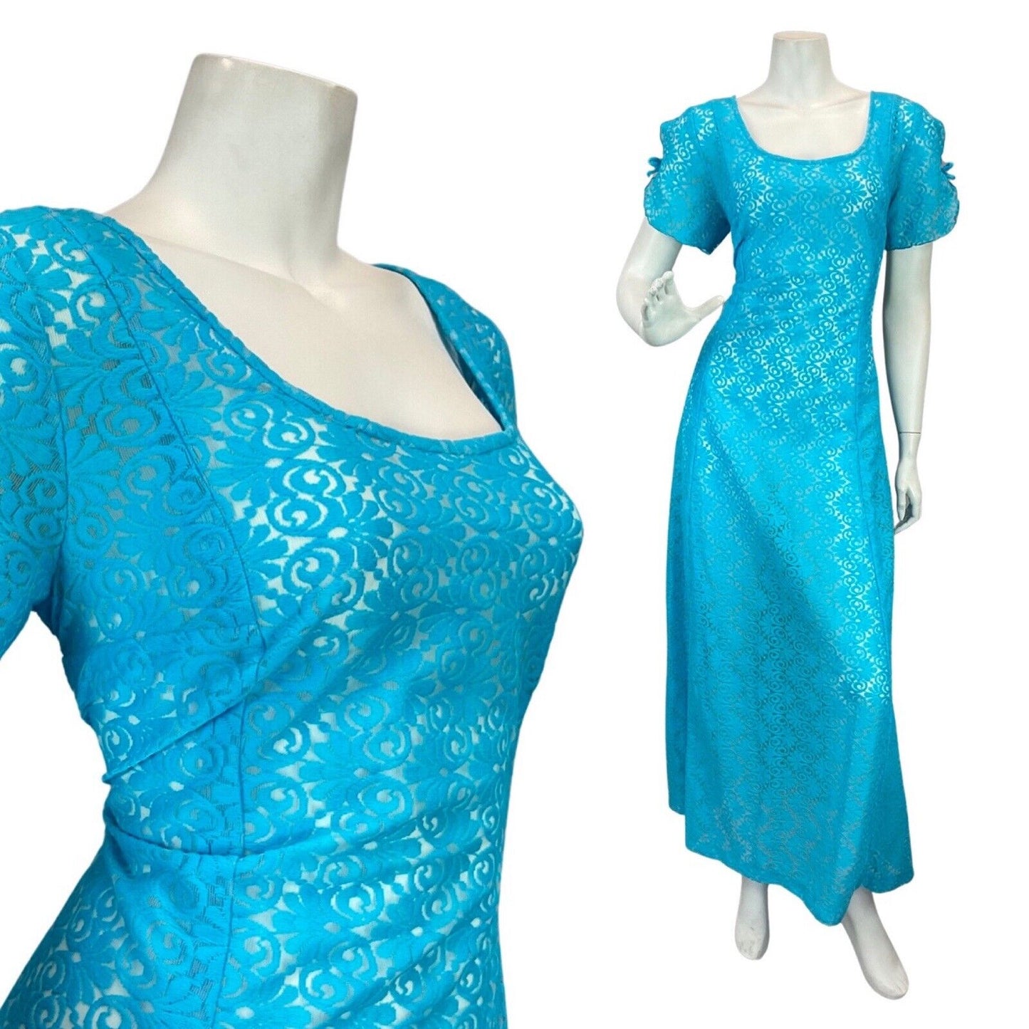 VINTAGE 60s 70s BRIGHT BLUE FLORAL SWIRL BROCADE MOD BOHO MAXI DRESS 10