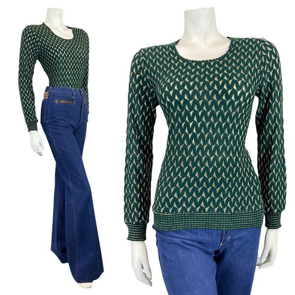 VINTAGE 60s 70s EMERALD GREEN GOLD TRIANGLE KNITTED JUMPER TOP 8 10