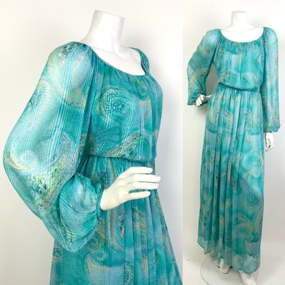 VINTAGE 60s 70s BLUE PEACH LILAC GREEN BOTEH PAISLEY SHEER BOHO MAXI DRESS 10 12