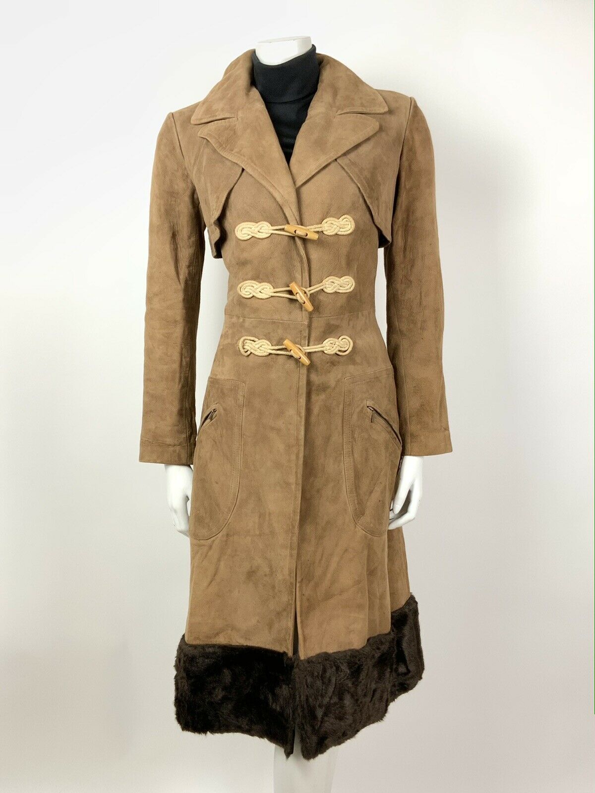 VINTAGE 60s 70s CAMEL BROWN SUEDE LEATHER FAUX FUR TOGGLE PRINCESS COAT 8 10