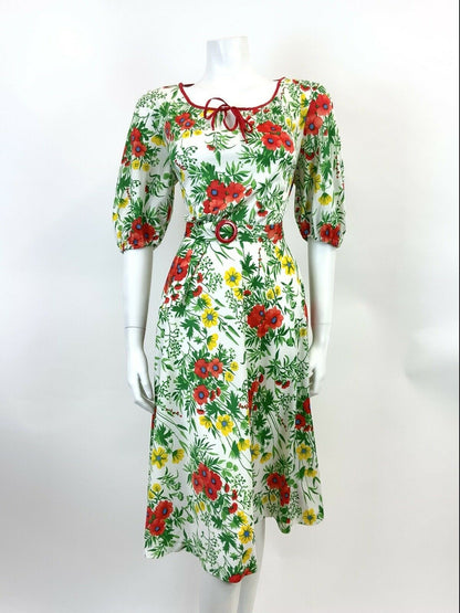 VINTAGE 60s 70s WHITE GREEN RED YELLOW FLORAL GARDEN PARTY BLOUSON DRESS 10