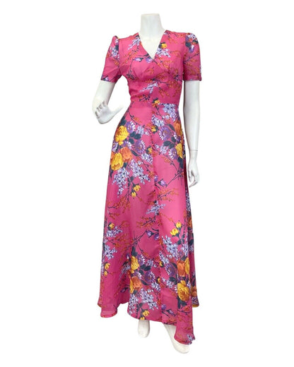 VINTAGE 60s 70s BRIGHT PINK YELLOW BLUE FLORAL TULIP GERBERA SHEER MAXI DRESS 8