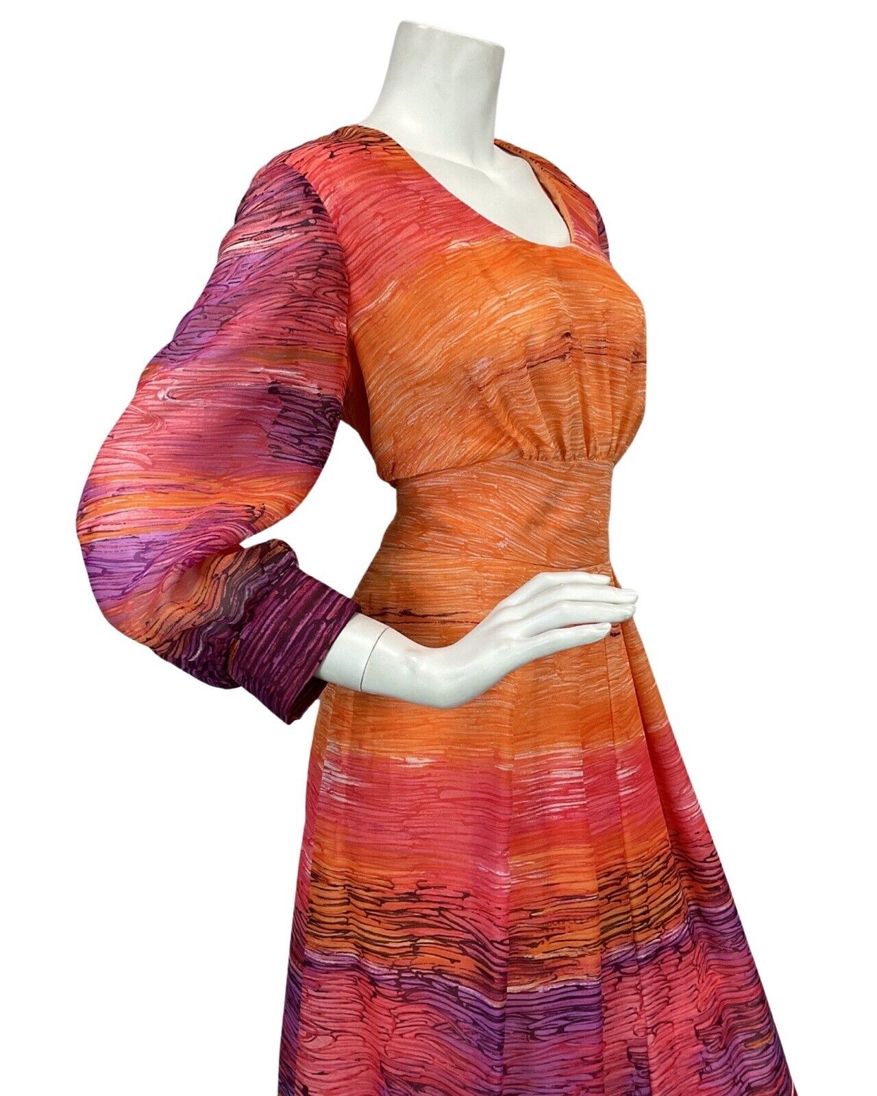 VTG 60s 70s ORANGE PINK PURPLE SUNSET FLORAL BOHO FOLK MAXI DRESS 12 14