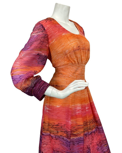 VTG 60s 70s ORANGE PINK PURPLE SUNSET FLORAL BOHO FOLK MAXI DRESS 12 14