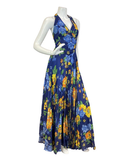 VINTAGE 60s 70s BLUE ORANGE YELLOW FLORAL ROSE HALTER SUMMER MAXI DRESS 8