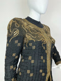 VINTAGE 70s 80s BLACK GOLD CHECKED LEAFY BEADED SEQUIN DISCO TROPHY JACKET 16 18