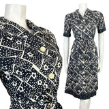 VINTAGE 60s 70s BLACK WHITE GEOMETRIC DAISY FLOWER DOTTY MOD SHIRT DRESS 6 8