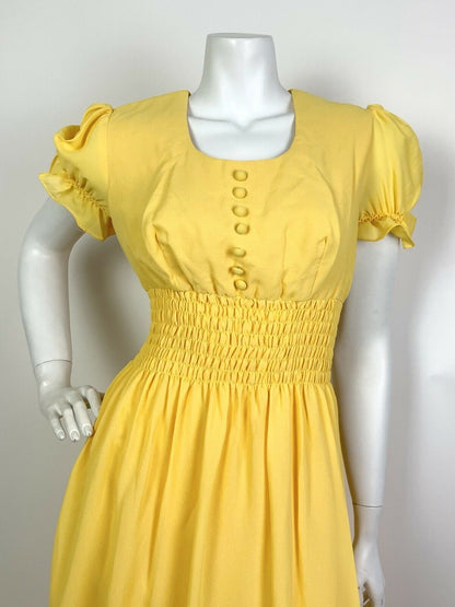 VINTAGE 60s 70s SUNSHINE YELLOW PUFF SLEEVE PRAIRIE BOHO MAXI DRESS 10 12