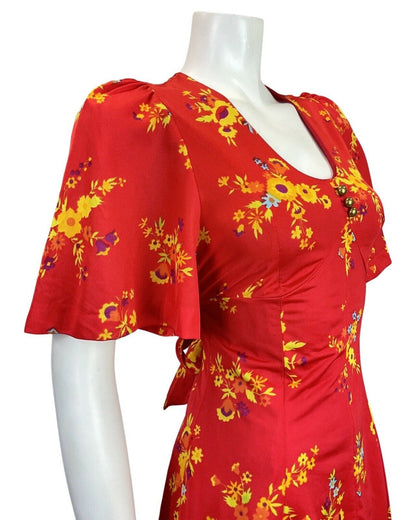 VINTAGE 60s 70s RED YELLOW BLUE FLORAL BELL SLEEVE MOD MINI SWING DRESS 8