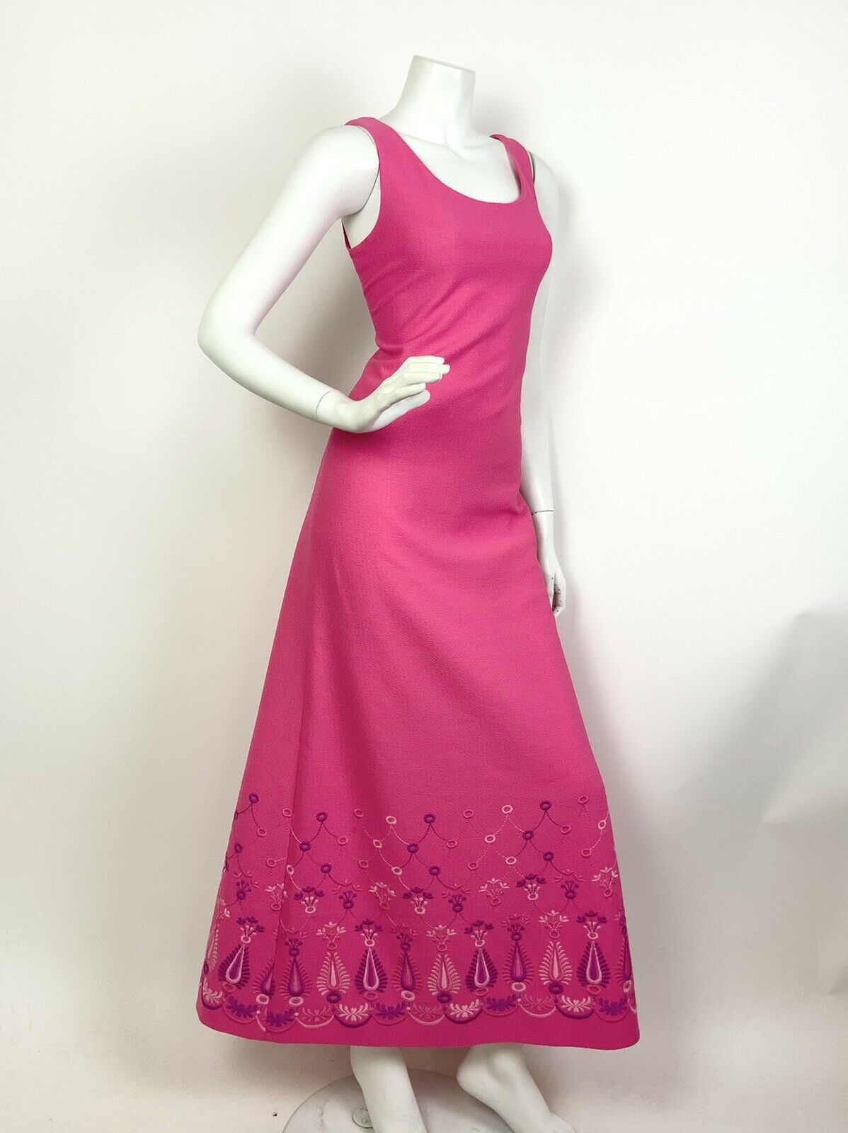 VTG 60s 70s BARBIE PINK PURPLE EMBROIDERED PAISLEY FLORAL SCALES MAXI DRESS 12