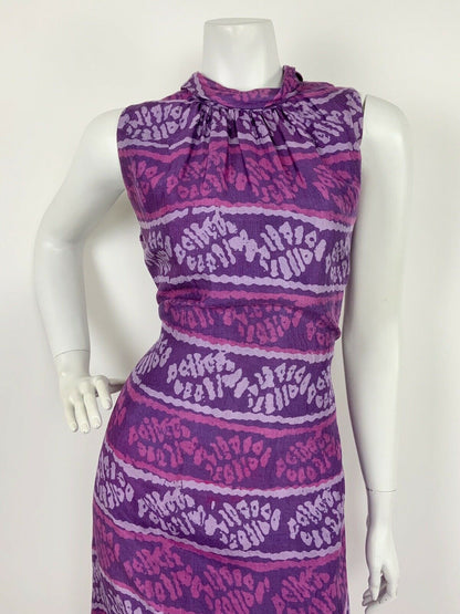 VTG 60s 70s PURPLE LILAC PINK ABSTRACT TURTLENECK SLEEVELESS MAXI DRESS 12 14