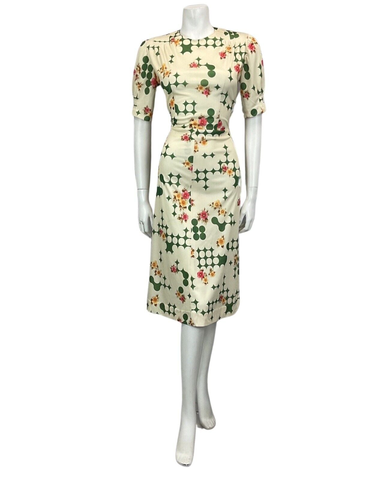 VTG 60s 70s CREAM GREEN PINK FLORAL PSYCHEDELIC MOD MIDI DRESS 12