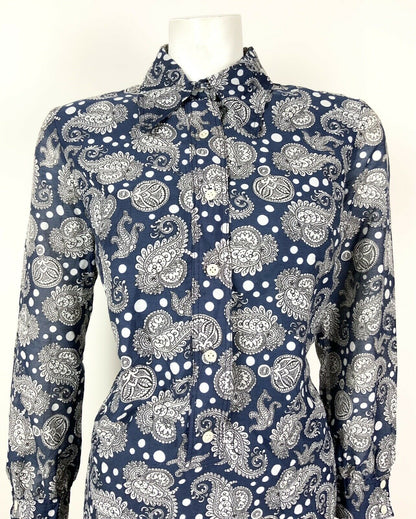 VTG 60s 70s NAVY BLUE WHITE FLORAL PAISLEY MOD DAGGER COLLAR SHIRT DRESS 12 14