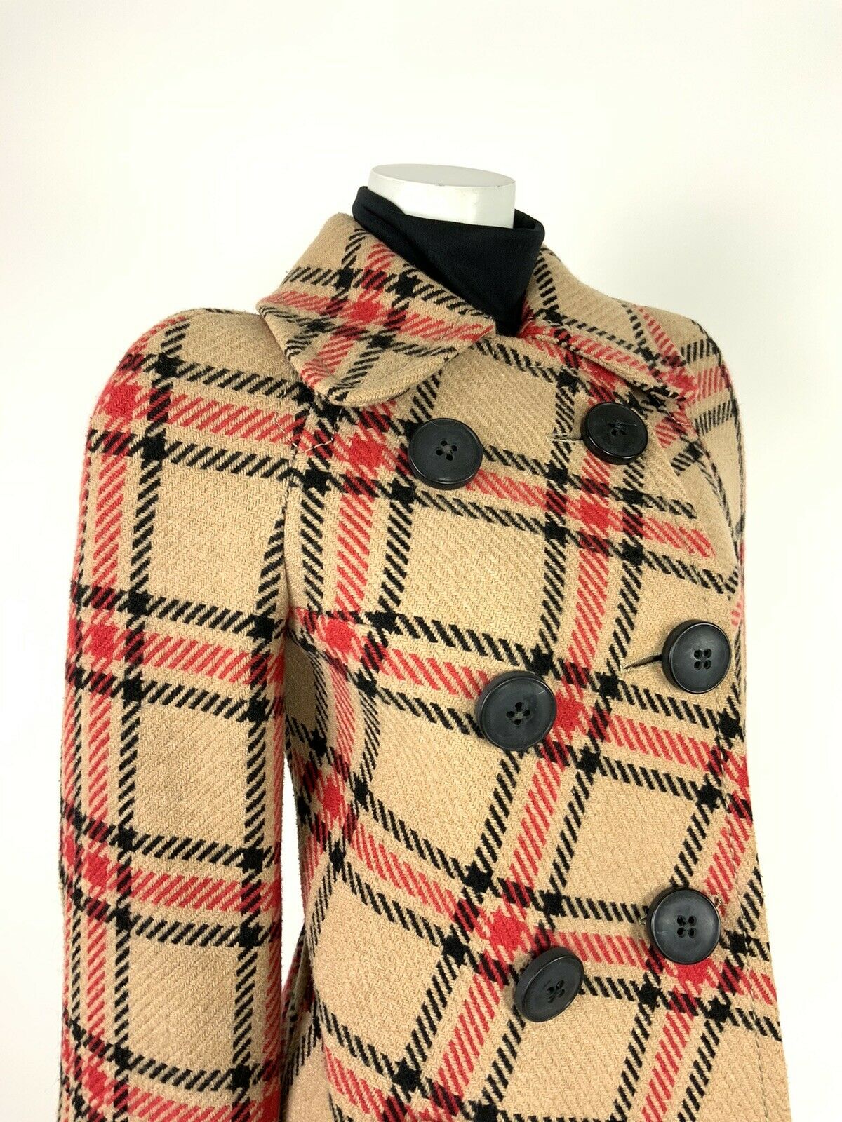 VINTAGE 60s 70s BEIGE BLACK RED PLAID CHECKERED SWING COAT 8 10