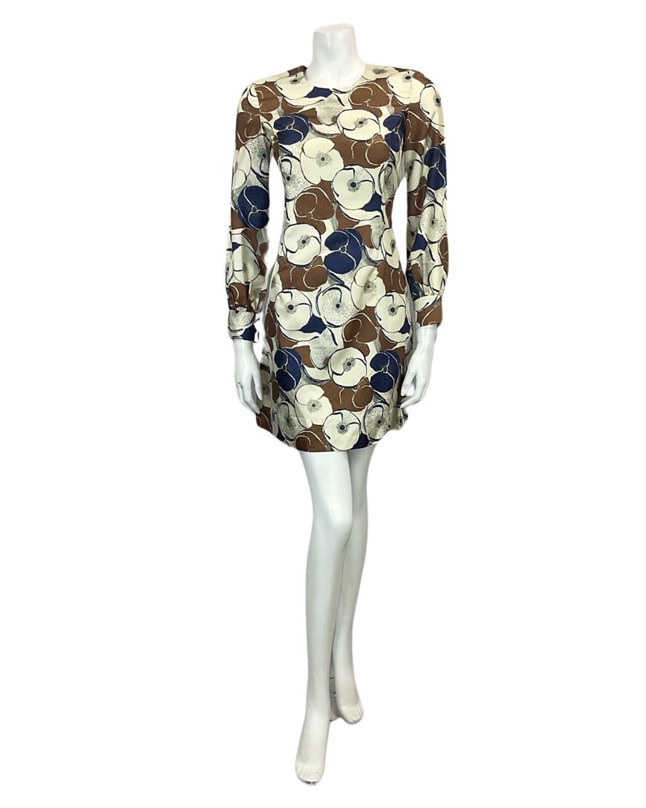 VINTAGE 60s 70s BEIGE BROWN NAVY FLORAL PRINT MOD MINI DRESS 8