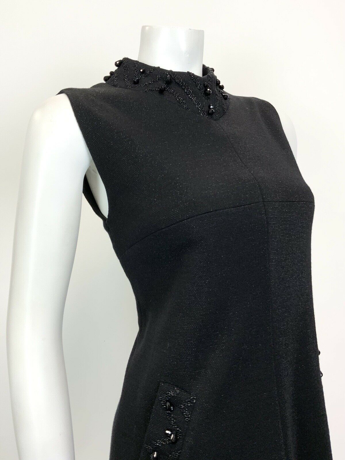 VINTAGE 60s 70s BLACK BEADED DISCO PARTY LUREX MOD A-LINE SWING DRESS 10