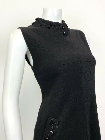 VINTAGE 60s 70s BLACK BEADED DISCO PARTY LUREX MOD A-LINE SWING DRESS 10