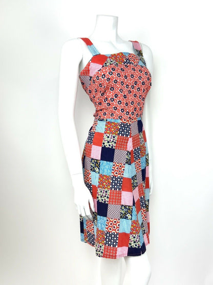 VTG 60s 70s RED BLUE WHITE PINK FLORAL PATCHWORK GINGHAM SUNDRESS GYPSY BOHO 10