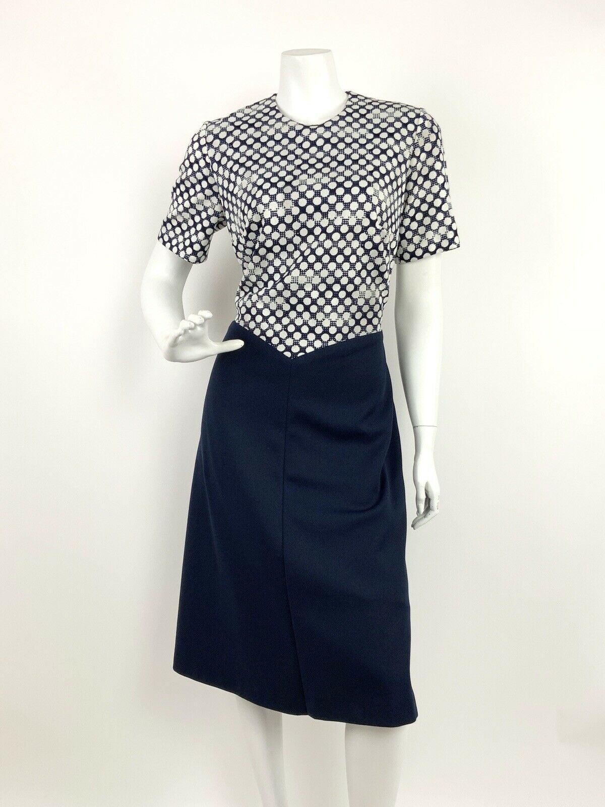 VINTAGE 60s 70s NAVY BLUE WHITE POLKA DOT OP ART DRESS 12