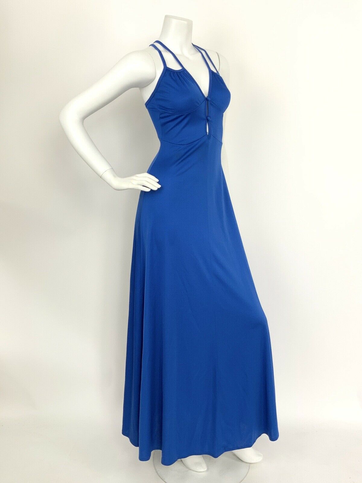 VINTAGE 60s 70s COBALT BLUE SPAGHETTI STRAP CROSS HATCH ELEGANT MAXI DRESS 6