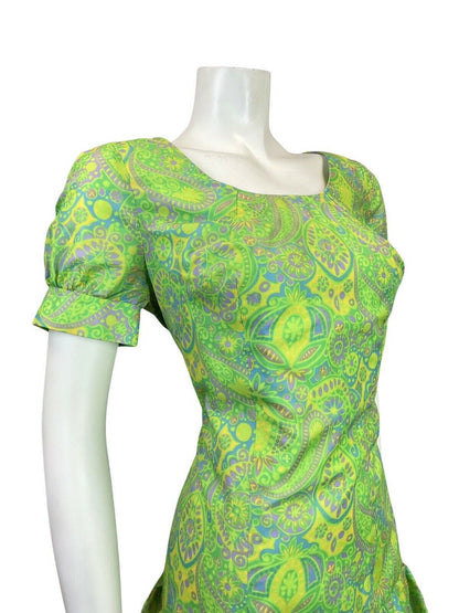 VTG 60s 70s GREEN LILAC YELLOW PSYCHEDELIC PAISLEY RUFFLED MOD MINI DRESS 12 14