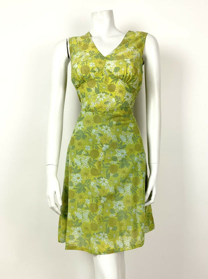 VTG 60s 70s GREEN WHITE YELLOW FLORAL DAISY BOTANICAL PSYCHEDELIC DRESS 12 14