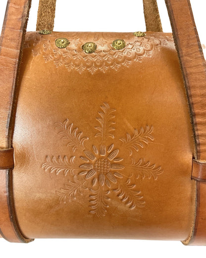 VINTAGE 70s TAN BROWN FLORAL STAMPED LEATHER METALWORK BOHO FOLK BOWLING BAG