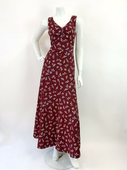 VINTAGE 60s 70s WINE RED WHITE BLUE FLORAL LEAF SLEEVELESS BOHO MAXI DRESS 10 12