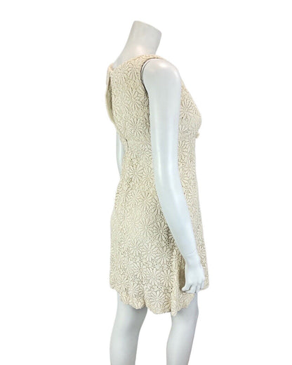 VINTAGE 60s 70s CREAM DAISY FLORAL LACE SCOOP NECK MOD EMPIRE MINI DRESS 6