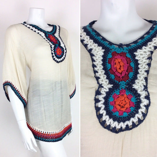 VTG 70s CREAM RED BLUE ORANGE PINK BOHO HIPPY ETHNIC CROCHET BLOUSE TOP 10 12 14