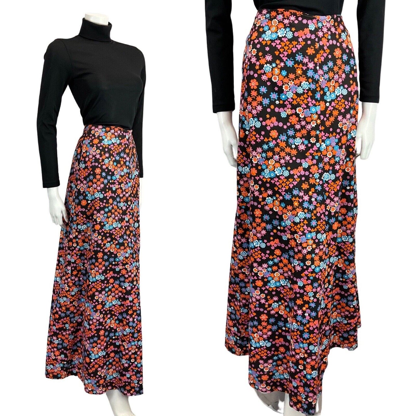 VTG 60s 70s BLACK PINK ORANGE BLUE FLORAL DAISY PRINT BOHO FOLK MAXI SKIRT 12