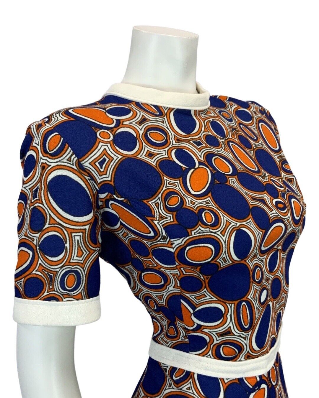 VINTAGE 60s 70s BLUE ORANGE WHITE BOLD PATTERNED MOD DRESS 10