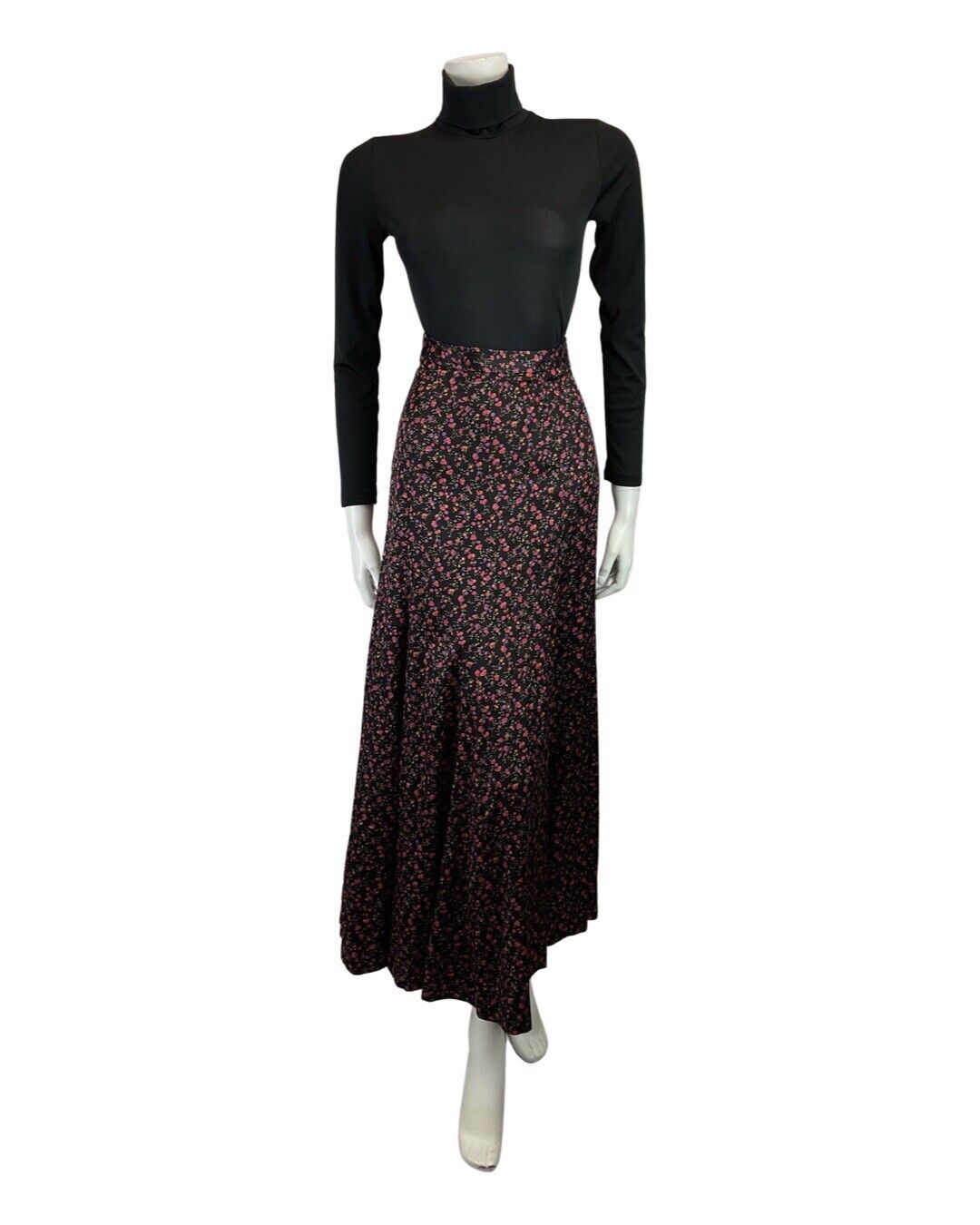 VINTAGE 60s 70s BLACK PINK GREEN FLORAL DITSY BOHO PRAIRIE MAXI SKIRT 4