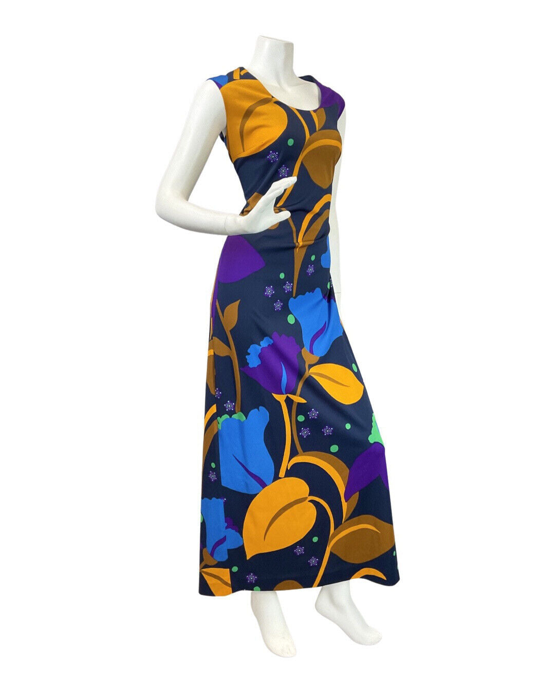 VTG 60s 70s BLUE YELLOW PURPLE FLORAL PSYCHEDELIC SLEEVELESS MAXI DRESS 14 16