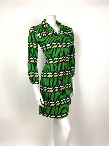 VTG 60s 70s GREEN BLACK WHITE BEIGE GEOMETRIC MOD STRIPED DAGGER SHIRT DRESS 10