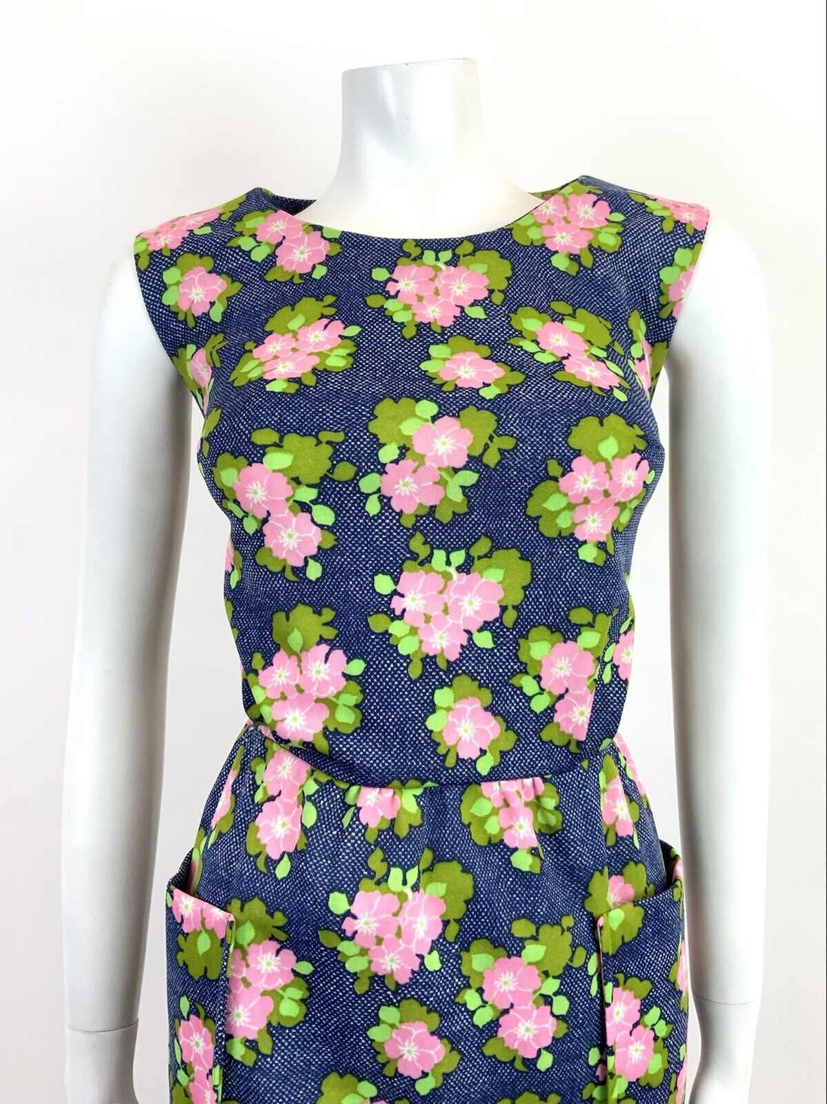 VINTAGE 60s 70s BLUE WHITE PINK CHECKERBOARD FLORAL SLEEVELESS RUFFLED DRESS 16